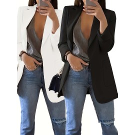 2個のスタイリッシュな無地ブラジャー&トップセット女性用 - カジュアル長袖ボタンノーズなしプラケットポケット付き、ポリエステル、Hライン、春/夏/秋、カジュアルアットワール|モダンカジュアルウェア|ポリエステルジャケット