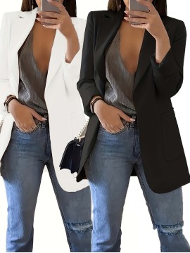 2個のスタイリッシュな無地ブラジャー&トップセット女性用 - カジュアル長袖ボタンノーズなしプラケットポケット付き、ポリエステル、Hライン、春/夏/秋、カジュアルアットワール|モダンカジュアルウェア|ポリエステルジャケット