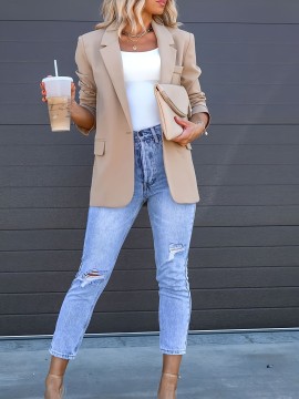 女性用カジュアルベージュブレザー ポケット付き - シックなロングスリーブ、ポリエステル、ボタン留め、仕事やコーヒー外出に最適