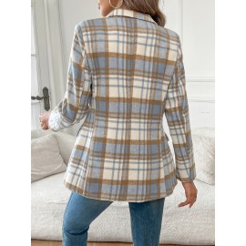 チェック柄ボタンフロントラペルブレザー、エレガントな長袖ブレザー、オフィス＆ワーク用、レディース服