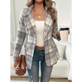 チェック柄ボタンフロントラペルブレザー、エレガントな長袖ブレザー、オフィス＆ワーク用、レディース服