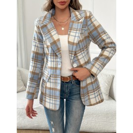 チェック柄ボタンフロントラペルブレザー、エレガントな長袖ブレザー、オフィス＆ワーク用、レディース服