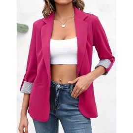 女性用エレガントなオープンフロントブレザー - スリムフィット、3/4スリーブ、無地カラー、ポケット付き、春秋に最適、エレガントなスタイル、ゆったりバージョン、春/秋