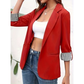 女性用エレガントなオープンフロントブレザー - スリムフィット、3/4スリーブ、無地カラー、ポケット付き、春秋に最適、エレガントなスタイル、ゆったりバージョン、春/秋