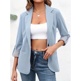 女性用エレガントなオープンフロントブレザー - スリムフィット、3/4スリーブ、無地カラー、ポケット付き、春秋に最適、エレガントなスタイル、ゆったりバージョン、春/秋