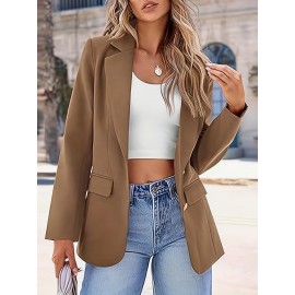 女性用シックなコーヒーカラーのブレザー - カジュアルなヨーロッパ＆アメリカンスタイル、ゆったりフィット、長袖、ポリエステル、ボタンディテール、春/秋にぴったり