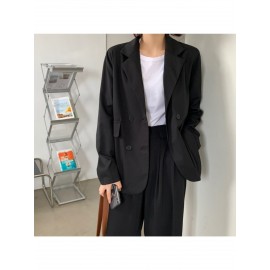 女性用軽量春/秋スモールブレザーベスト - シックなカジュアルルーズフィット長袖無地ボタンフロントHシルエットジャケット、多様なレイヤリングに適した季節のファッション｜高品質生地
