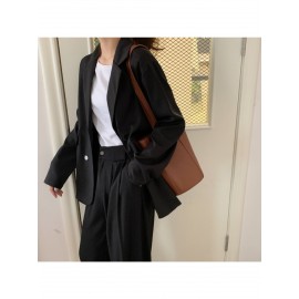 女性用軽量春/秋スモールブレザーベスト - シックなカジュアルルーズフィット長袖無地ボタンフロントHシルエットジャケット、多様なレイヤリングに適した季節のファッション｜高品質生地