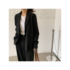 女性用軽量春/秋スモールブレザーベスト - シックなカジュアルルーズフィット長袖無地ボタンフロントHシルエットジャケット、多様なレイヤリングに適した季節のファッション｜高品質生地