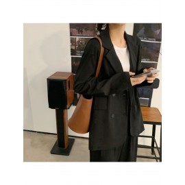 女性用軽量春/秋スモールブレザーベスト - シックなカジュアルルーズフィット長袖無地ボタンフロントHシルエットジャケット、多様なレイヤリングに適した季節のファッション｜高品質生地