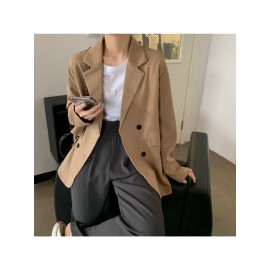 女性用軽量春/秋スモールブレザーベスト - シックなカジュアルルーズフィット長袖無地ボタンフロントHシルエットジャケット、多様なレイヤリングに適した季節のファッション｜高品質生地