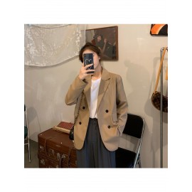 女性用軽量春/秋スモールブレザーベスト - シックなカジュアルルーズフィット長袖無地ボタンフロントHシルエットジャケット、多様なレイヤリングに適した季節のファッション｜高品質生地