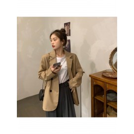 女性用軽量春/秋スモールブレザーベスト - シックなカジュアルルーズフィット長袖無地ボタンフロントHシルエットジャケット、多様なレイヤリングに適した季節のファッション｜高品質生地