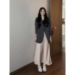 女性用カジュアルスーツジャケット - エレガントなゆったりフィットグレーのベルト付きブレザー、シングルボタン前開き、長袖 春/秋オフショールアパレル オフィス・社交イベント＆カジュアルウェア