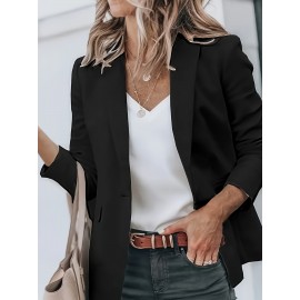 無地シングルブレストブレザー、エレガントな長袖ラペルカラーブレザー、仕事やオフィス用、レディース服