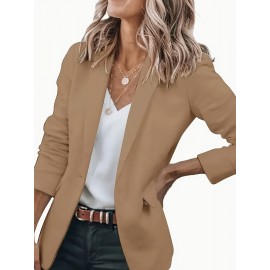 無地シングルブレストブレザー、エレガントな長袖ラペルカラーブレザー、仕事やオフィス用、レディース服