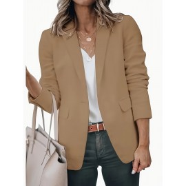 無地シングルブレストブレザー、エレガントな長袖ラペルカラーブレザー、仕事やオフィス用、レディース服