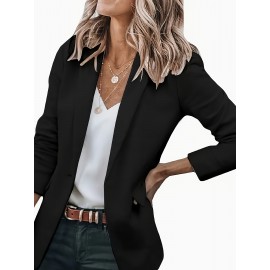 無地シングルブレストブレザー、エレガントな長袖ラペルカラーブレザー、仕事やオフィス用、レディース服