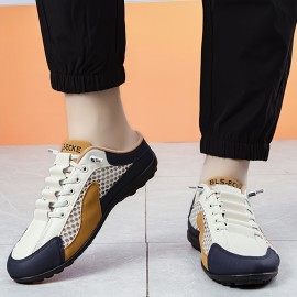 メンズトレンディな滑り止めスリッポンスニーカー - 通気性のあるメッシュアッパーと耐久性のあるラバーソールを備えた快適オールシーズンカジュアルシューズ、白＆青デザインでカジュアル服装、パーティー、休暇に最適