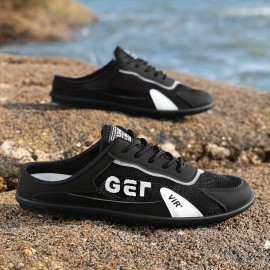 1 ペアのメンズスタイリッシュなブラックスリッポンスニーカー、「GER」&「VIR」ロゴ付き - カジュアルな集まり、ビーチ、パークウォークに最適 - レースアップ、EVAインソール、PVCソール、屋外用靴|スタイリッシュなスニーカー|EVAインソールシューズ