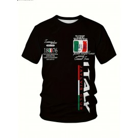メンズ スタイリッシュ プリント 半袖Tシャツ - ルーズフィット、ラウンドネック、イタリア国旗デザイン、パーティー＆ギフトに最適、ブラック ポリエステル カジュアルティー、オールシーズンアパレル | ラウンドネックTシャツ | ポリエステル生地