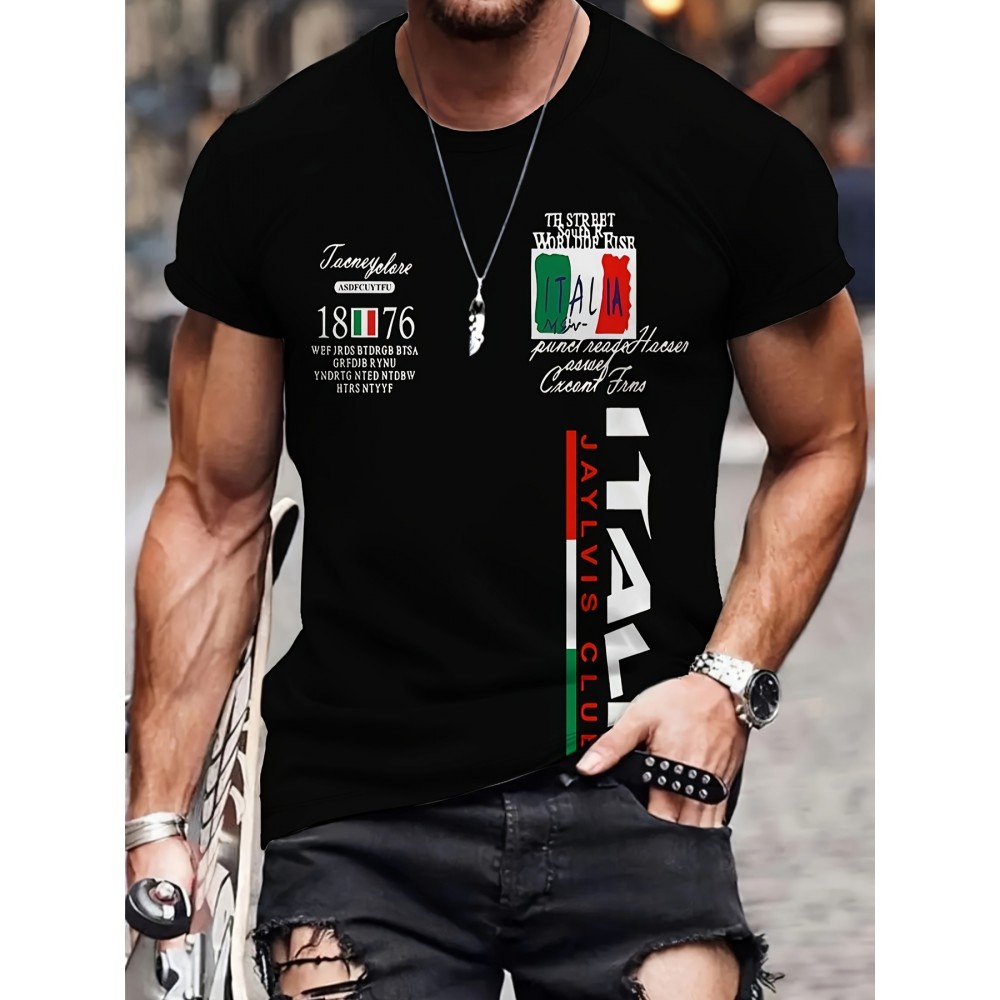 メンズ スタイリッシュ プリント 半袖Tシャツ - ルーズフィット、ラウンドネック、イタリア国旗デザイン、パーティー＆ギフトに最適、ブラック ポリエステル カジュアルティー、オールシーズンアパレル | ラウンドネックTシャツ | ポリエステル生地
