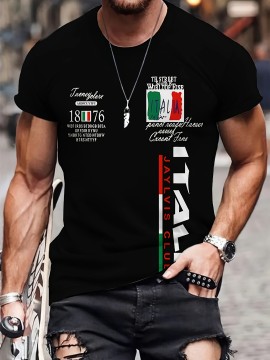 メンズ スタイリッシュ プリント 半袖Tシャツ - ルーズフィット、ラウンドネック、イタリア国旗デザイン、パーティー＆ギフトに最適、ブラック ポリエステル カジュアルティー、オールシーズンアパレル | ラウンドネックTシャツ | ポリエステル生地
