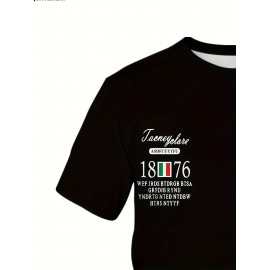 メンズ スタイリッシュ プリント 半袖Tシャツ - ルーズフィット、ラウンドネック、イタリア国旗デザイン、パーティー＆ギフトに最適、ブラック ポリエステル カジュアルティー、オールシーズンアパレル | ラウンドネックTシャツ | ポリエステル生地