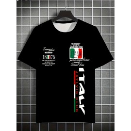 メンズ スタイリッシュ プリント 半袖Tシャツ - ルーズフィット、ラウンドネック、イタリア国旗デザイン、パーティー＆ギフトに最適、ブラック ポリエステル カジュアルティー、オールシーズンアパレル | ラウンドネックTシャツ | ポリエステル生地