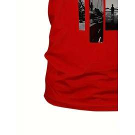 メンズ半袖Tシャツ - 鮮やかな赤の幾何学プリント、ヤシの木＆インスピレーショナルテキスト付き、カジュアルラウンドネックレギュラーフィット、洗濯機可オールシーズン快適、快適フィットシャツ