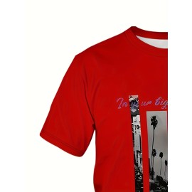 メンズ半袖Tシャツ - 鮮やかな赤の幾何学プリント、ヤシの木＆インスピレーショナルテキスト付き、カジュアルラウンドネックレギュラーフィット、洗濯機可オールシーズン快適、快適フィットシャツ