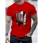 メンズ半袖Tシャツ - 鮮やかな赤の幾何学プリント、ヤシの木＆インスピレーショナルテキスト付き、カジュアルラウンドネックレギュラーフィット、洗濯機可オールシーズン快適、快適フィットシャツ