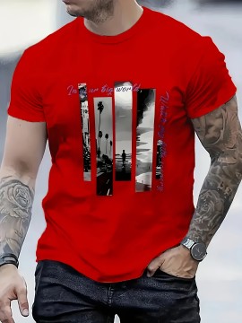 メンズ半袖Tシャツ - 鮮やかな赤の幾何学プリント、ヤシの木＆インスピレーショナルテキスト付き、カジュアルラウンドネックレギュラーフィット、洗濯機可オールシーズン快適、快適フィットシャツ