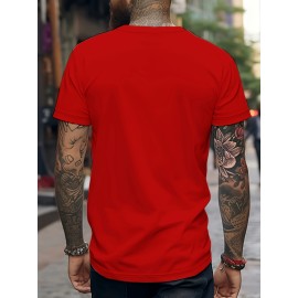 メンズ半袖Tシャツ - 鮮やかな赤の幾何学プリント、ヤシの木＆インスピレーショナルテキスト付き、カジュアルラウンドネックレギュラーフィット、洗濯機可オールシーズン快適、快適フィットシャツ