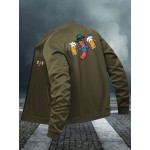 メンズカジュアルプリントボンバージャケット、スタンドカラー付き、ジッパーポケット&ビールマスコットデザイン - ブラック、軽量ポリエステル、オールシーズンウェア、ビールジャケット