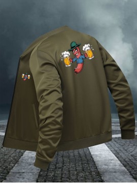 メンズカジュアルプリントボンバージャケット、スタンドカラー付き、ジッパーポケット&ビールマスコットデザイン - ブラック、軽量ポリエステル、オールシーズンウェア、ビールジャケット