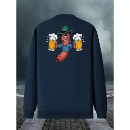 メンズカジュアルプリントボンバージャケット、スタンドカラー付き、ジッパーポケット&ビールマスコットデザイン - ブラック、軽量ポリエステル、オールシーズンウェア、ビールジャケット