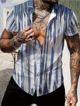 メンズカジュアル半袖ボタンアップシャツ - 軽量ポリエステル、ストライプデザインとチェストポケット、洗濯機可、ゆったりフィットのカジュアルアットワール、日常シャツ | ストライプカジュアルシャツ | 滑らかな質感