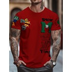 メンズ レッド グラフィックTシャツ「SHOW ME STATE」デザイン - カジュアル 半袖 クルーネック、ポリエステル混紡、洗濯機可、幾何学模様、オールシーズン着用、カジュアルウェア | グラフィックティー | 快適なフィット感