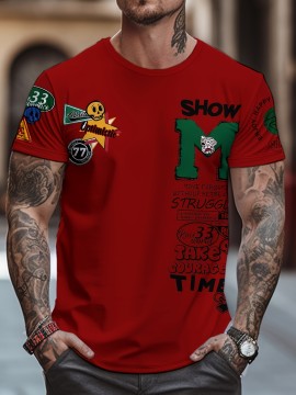 メンズ レッド グラフィックTシャツ「SHOW ME STATE」デザイン - カジュアル 半袖 クルーネック、ポリエステル混紡、洗濯機可、幾何学模様、オールシーズン着用、カジュアルウェア | グラフィックティー | 快適なフィット感