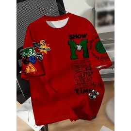 メンズ レッド グラフィックTシャツ「SHOW ME STATE」デザイン - カジュアル 半袖 クルーネック、ポリエステル混紡、洗濯機可、幾何学模様、オールシーズン着用、カジュアルウェア | グラフィックティー | 快適なフィット感