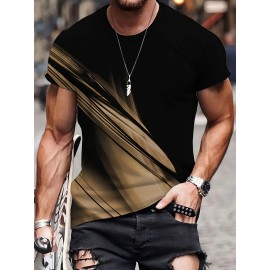 メンズカジュアル半袖Tシャツ - スタイリッシュなブラック＆ゴールドの抽象ストライプデザイン、柔らかいポリエステル生地、ラウンドネック、洗濯機可、カジュアルな服装に最適