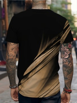 メンズカジュアル半袖Tシャツ - スタイリッシュなブラック＆ゴールドの抽象ストライプデザイン、柔らかいポリエステル生地、ラウンドネック、洗濯機可、カジュアルな服装に最適