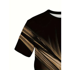メンズカジュアル半袖Tシャツ - スタイリッシュなブラック＆ゴールドの抽象ストライプデザイン、柔らかいポリエステル生地、ラウンドネック、洗濯機可、カジュアルな服装に最適