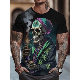 スカルファッション メンズTシャツ、半袖、ラウンドネック、ユニークなプリントデザイン