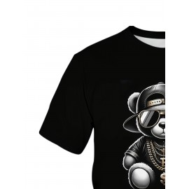 【ヒップホップバイブ】メンズ3DベアプリントカジュアルTシャツ - ブラックポリエステル、洗濯機可、ラウンドネック、透けない、オールシーズン着用、ヒップホップTシャツ