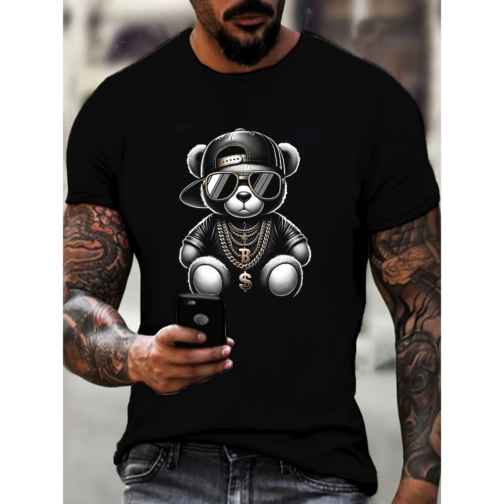 【ヒップホップバイブ】メンズ3DベアプリントカジュアルTシャツ - ブラックポリエステル、洗濯機可、ラウンドネック、透けない、オールシーズン着用、ヒップホップTシャツ