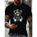 【ヒップホップバイブ】メンズ3DベアプリントカジュアルTシャツ - ブラックポリエステル、洗濯機可、ラウンドネック、透けない、オールシーズン着用、ヒップホップTシャツ