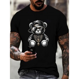 【ヒップホップバイブ】メンズ3DベアプリントカジュアルTシャツ - ブラックポリエステル、洗濯機可、ラウンドネック、透けない、オールシーズン着用、ヒップホップTシャツ