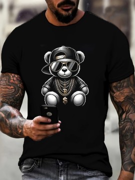 【ヒップホップバイブ】メンズ3DベアプリントカジュアルTシャツ - ブラックポリエステル、洗濯機可、ラウンドネック、透けない、オールシーズン着用、ヒップホップTシャツ